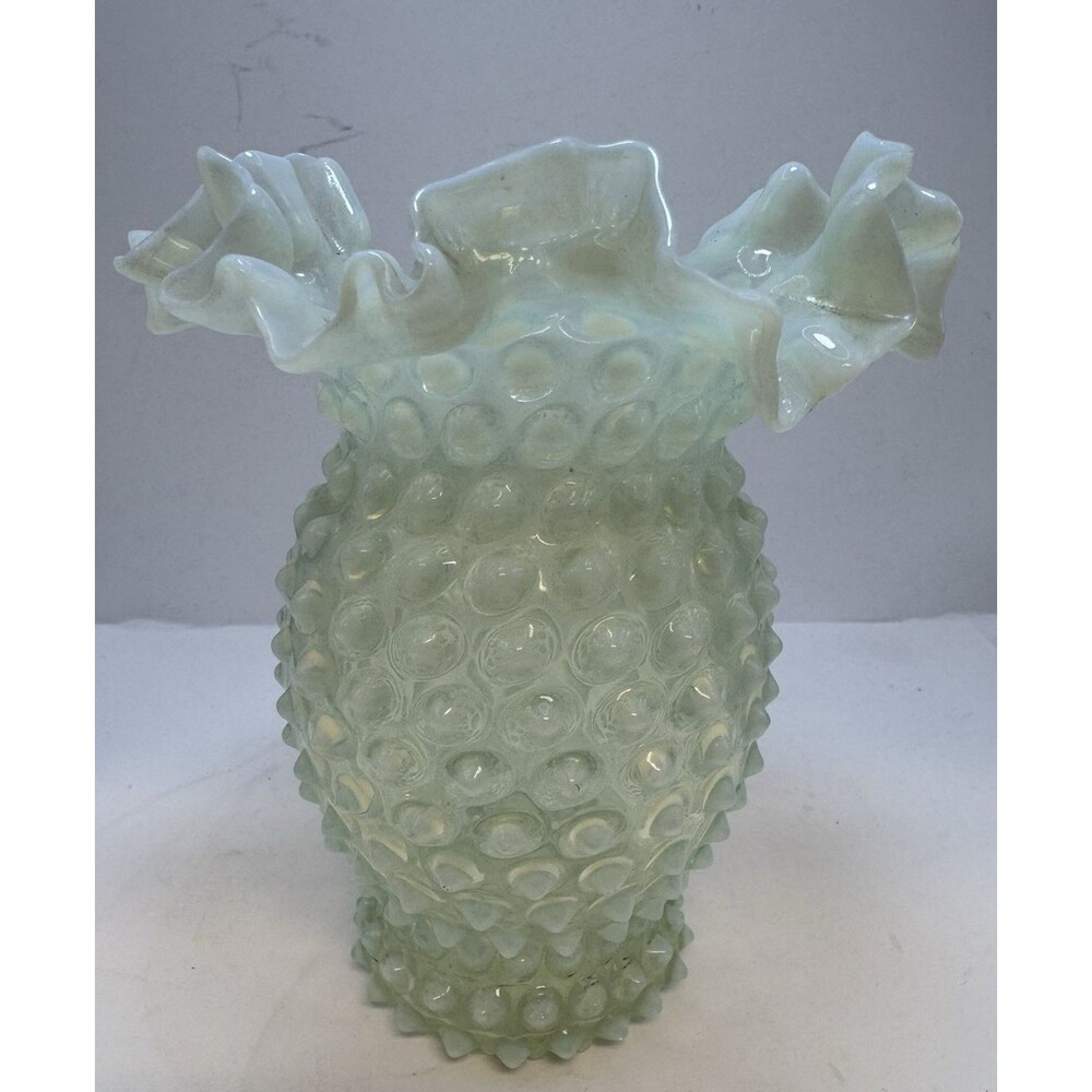 Uranium Fenton Hobnail- 6” Ruffled Flower Vase - Topaz Opalescent - Picture 3 of 6